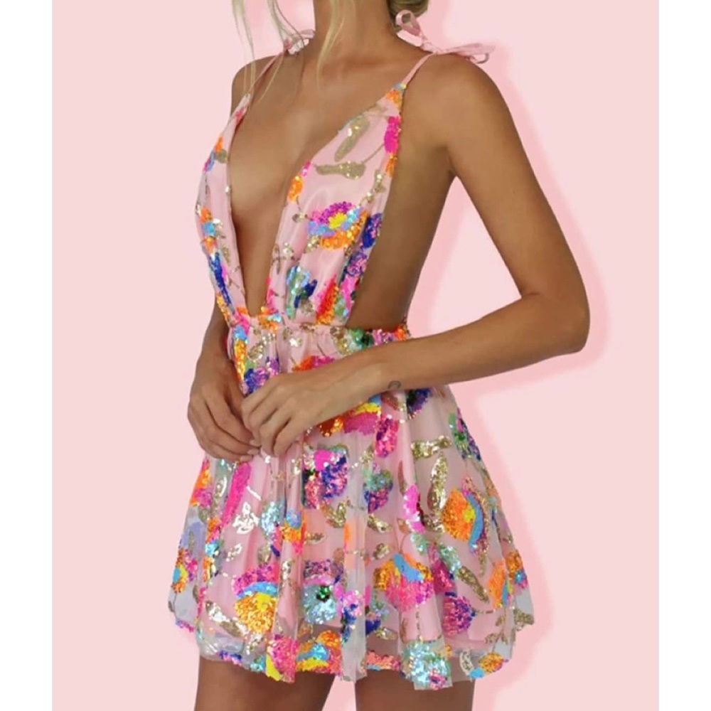 Sequin pink deep v plunge backless mini dress size: L